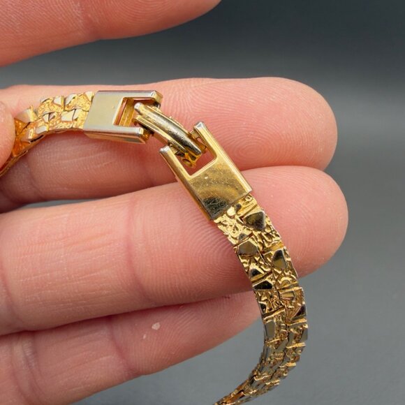 Vintage Gold Tone Textured Nugget Link Necklace Bracelet Set Crystal Accent - Picture 7 of 12